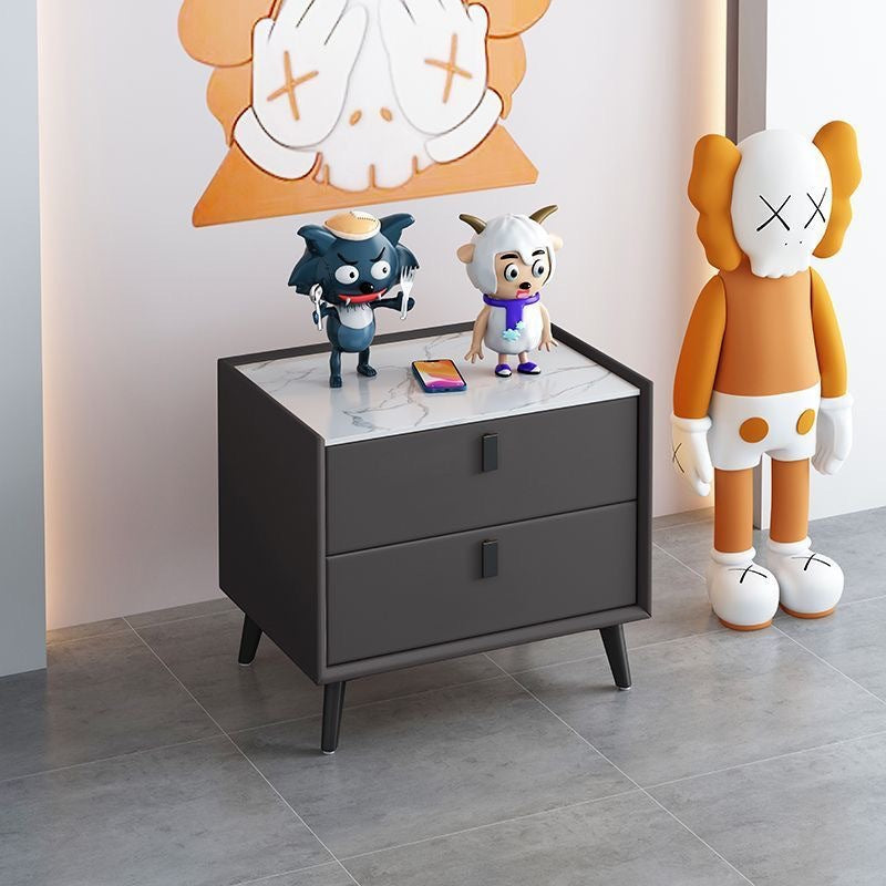 Table de nuit moderne en bois massif à dessus en pierre frittée cubique à 2 tiroirs pour chambre à coucher 
