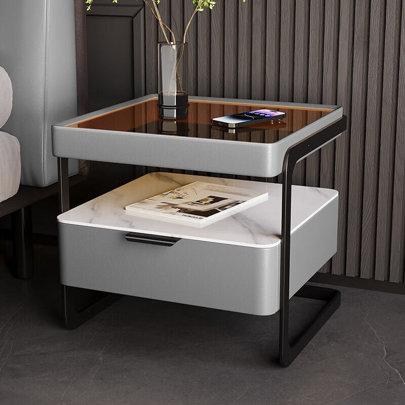 Table de nuit moderne minimaliste rectangulaire en verre renforcé avec dalle de roche et fer, 1 tiroir pour chambre à coucher 