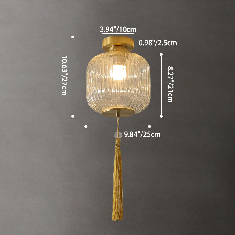 Traditionelle chinesische Laterne, sphärisches Kupferglas, 1-flammig, halbbündige Deckenleuchte für Schlafzimmer 