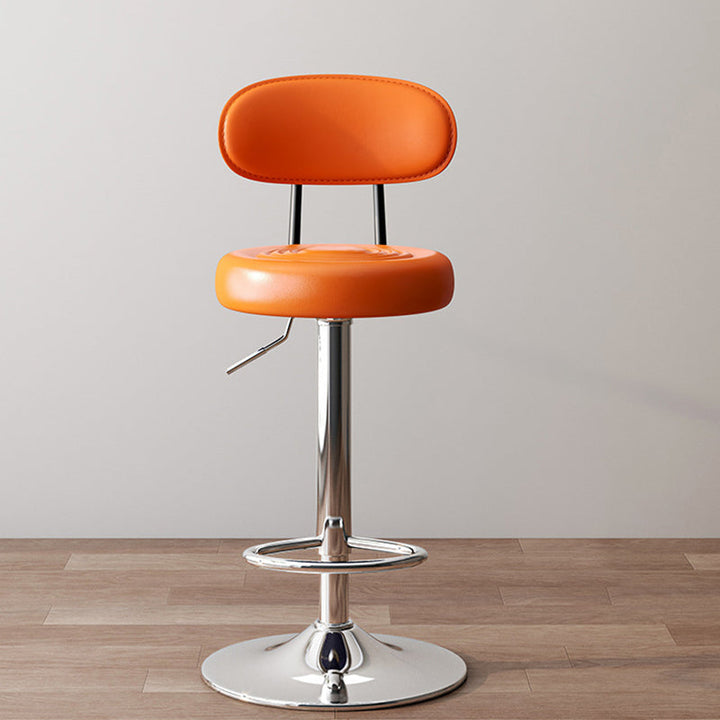 Moderner minimalistischer Barhocker mit runder gepolsterter Sitzfläche, geschwungener Rückenlehne, PU-Leder und Stahlgestell fürs Esszimmer 