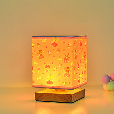 Zeitgenössische kreative Kinder rechteckige Massivholz Stoff LED Tischlampe für Schlafzimmer 