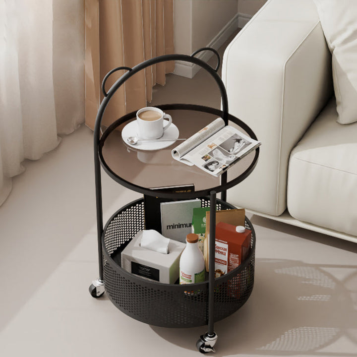 Mesa auxiliar móvil redonda de vidrio y hierro de estilo contemporáneo y sencillo con estantes de almacenamiento de 2 niveles para sala de estar 