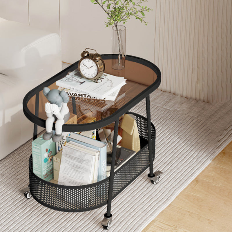 Mesa Auxiliar Rectangular de Hierro y Vidrio Minimalista Moderna de 2 Niveles para Sala de Estar 