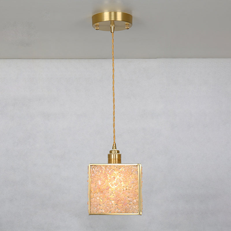 Suspension Luminaire 1-Lumière Moderne de Luxe Carré Cube Cadre en Or Cuivre Abat-jour en Verre Pour Salon 