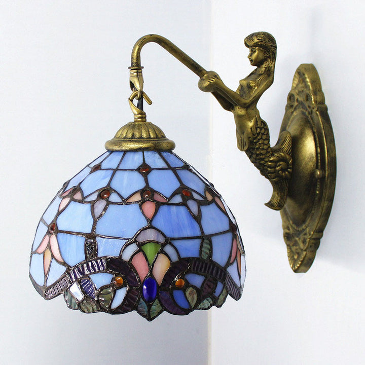 Applique murale traditionnelle Tiffany en verre de fer avec base de sirène demi-globe 1 lumière pour chambre à coucher 