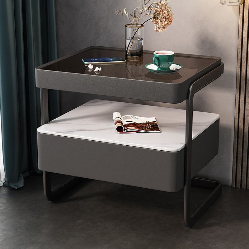 Table de nuit moderne minimaliste rectangulaire en verre trempé avec serrure et 1 tiroir pour chambre 