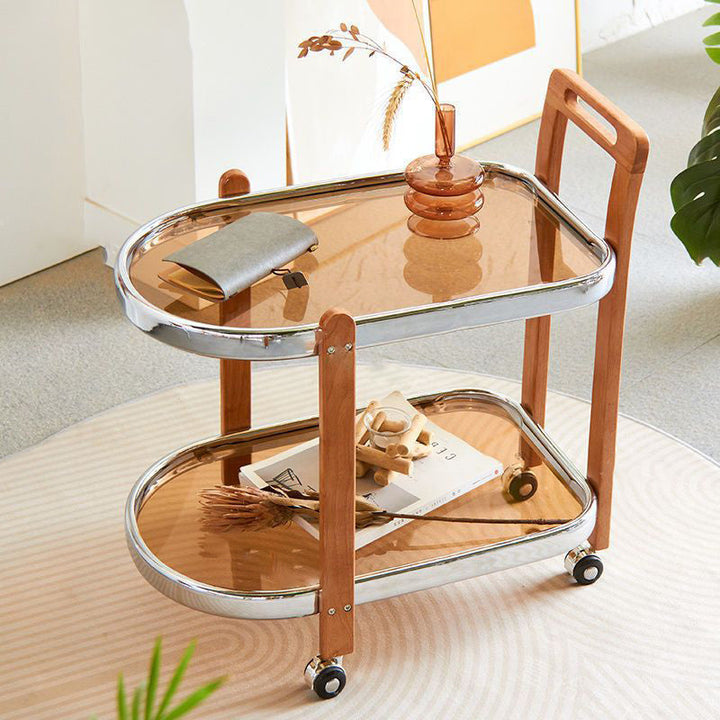 Table basse ovale japonaise traditionnelle amovible en bois avec verre en acier inoxydable à 2 niveaux pour salon 