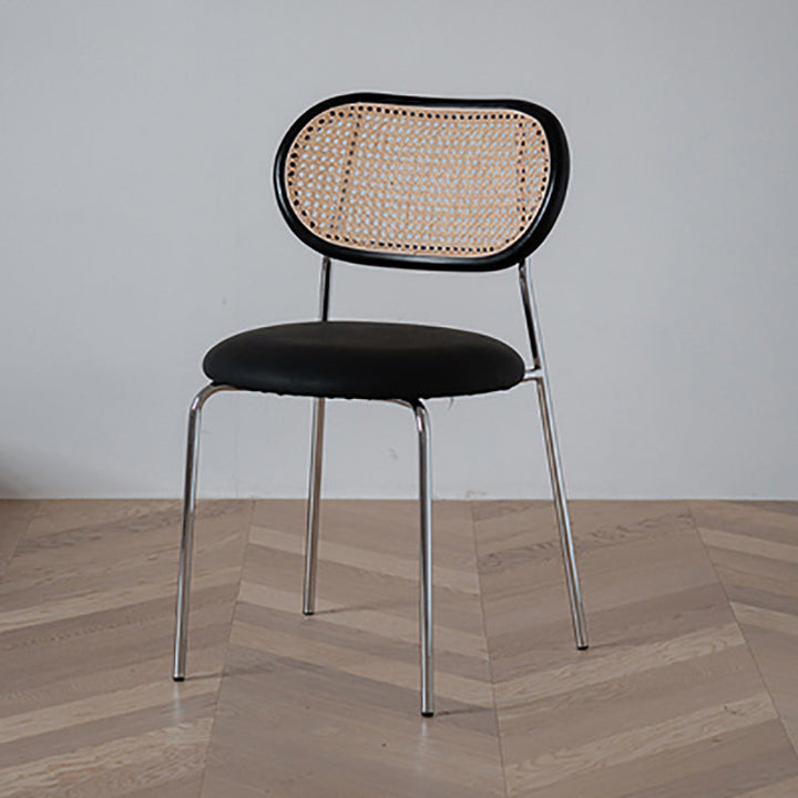 Contemporary Nordic Round PU Leather Faux Rattan Weaving Iron Chair Backrest For Living Room