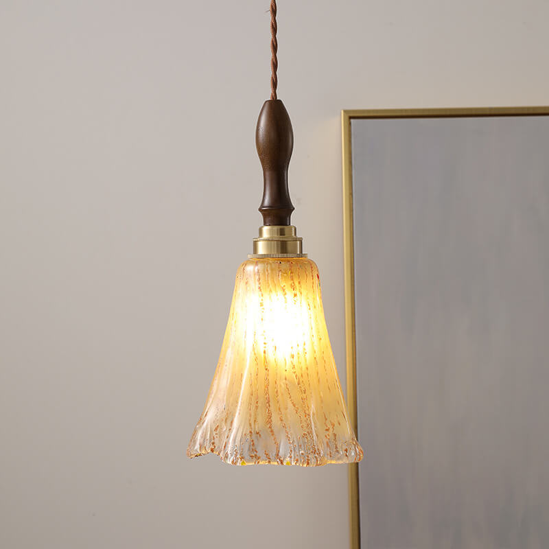 Moderne minimalistische Blume Nussbaum Messing Glas 1-Licht Pendelleuchte 