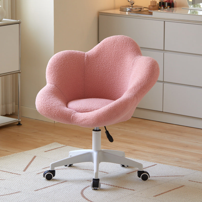 Moderner kreativer runder Schminkhocker mit Rückenlehne aus Sherpa-Stoff und Metall in Blumenform für das Schlafzimmer 