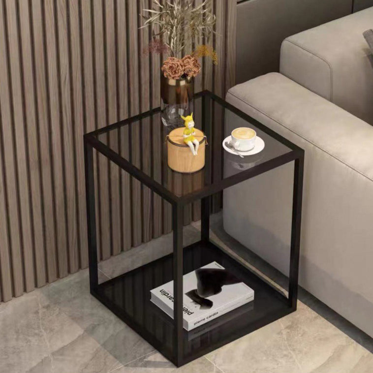 Table de chevet contemporaine scandinave carrée en verre, bois massif, fer et dalle de roche avec 1 tiroir pour chambre 