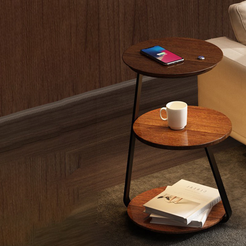 Table de chevet contemporaine nordique ronde en noyer et marbre avec fer, charge sans fil pour téléphone mobile, 2 niveaux pour le chevet 