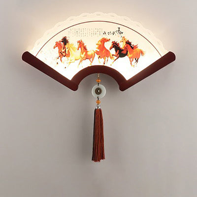 Applique murale LED avec abat-jour en acrylique festonné traditionnel chinois, éléments de plante, bord en bois pour salon 