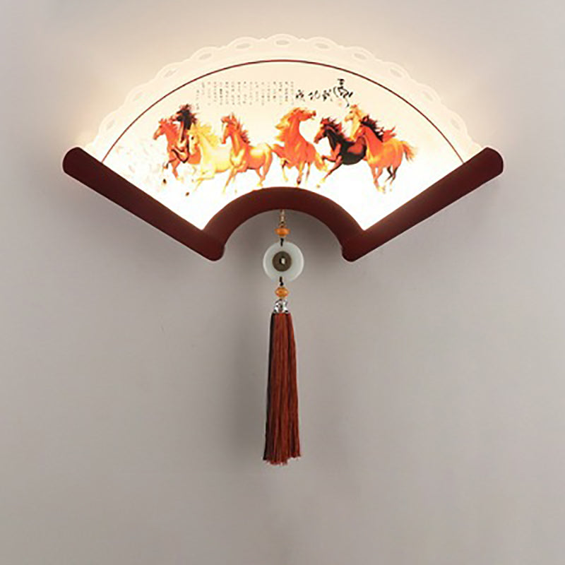 Applique murale LED avec abat-jour en acrylique festonné traditionnel chinois, éléments de plante, bord en bois pour salon 
