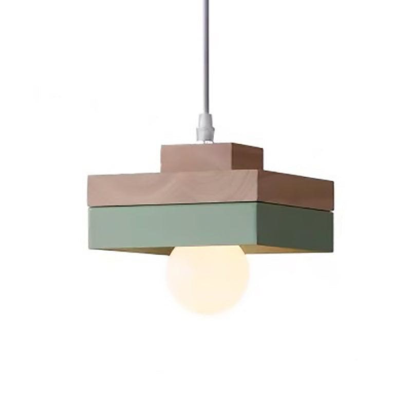 Moderne minimalistische Macaron Square Eisen Holz 1-Licht Pendelleuchte für Wohnzimmer 