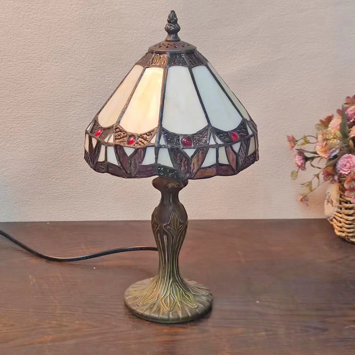 Lampe de table à 1 lumière en verre teinté en zinc à motif de fleurs traditionnelles Tiffany Dome pour chambre 