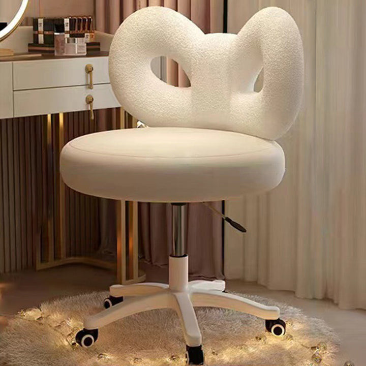 Moderner Art-Deco-Schmetterlingsknoten runder Sherpa-Stoff-Kunstleder-Metall-Schminktischhocker mit Rückenlehne, ohne Armlehnen, für das Schlafzimmer 