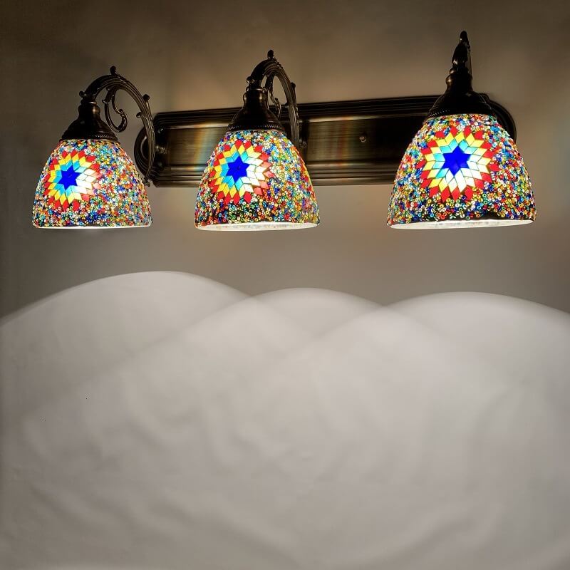 Tiffany Mediterranean Horn Stained Glass 3-Light Bathroom Vanity Mirror Front Wall Sconce Lamp