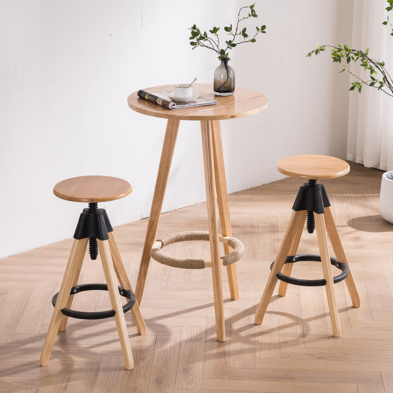 Traditioneller Vintage-Thekenhocker aus Gummibaumholz, rund, mit höhenverstellbarer Nylon-Gewindestange, drehbar, mit Fußstütze, für die Küche 