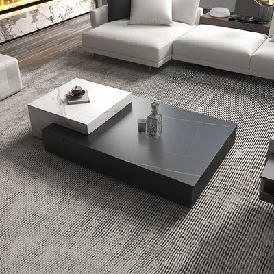 Mesa de café de madera rectangular cuadrada minimalista moderna con placa de piedra y 4 cajones para sala de estar 