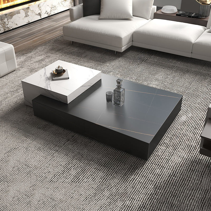 Mesa de café de madera rectangular cuadrada minimalista moderna con placa de piedra y 4 cajones para sala de estar 