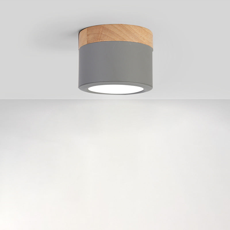 Luz de techo LED de montaje empotrado de cilindro de madera, hierro y acrílico escandinavo contemporáneo para pasillo 
