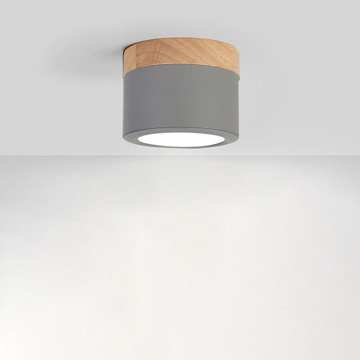 Luz de techo LED de montaje empotrado de cilindro de madera, hierro y acrílico escandinavo contemporáneo para pasillo 