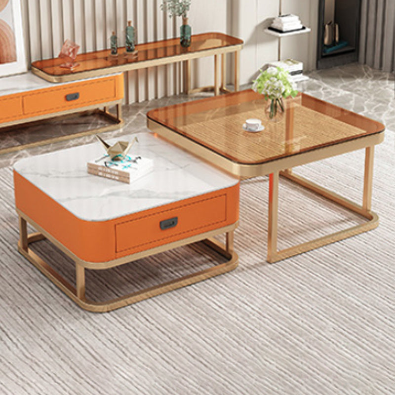 Modern Minimalist Square Rock Slab Glass Carbon Steel Faux Leather MDF Combination Coffee Table 1-Drawer For Living Room