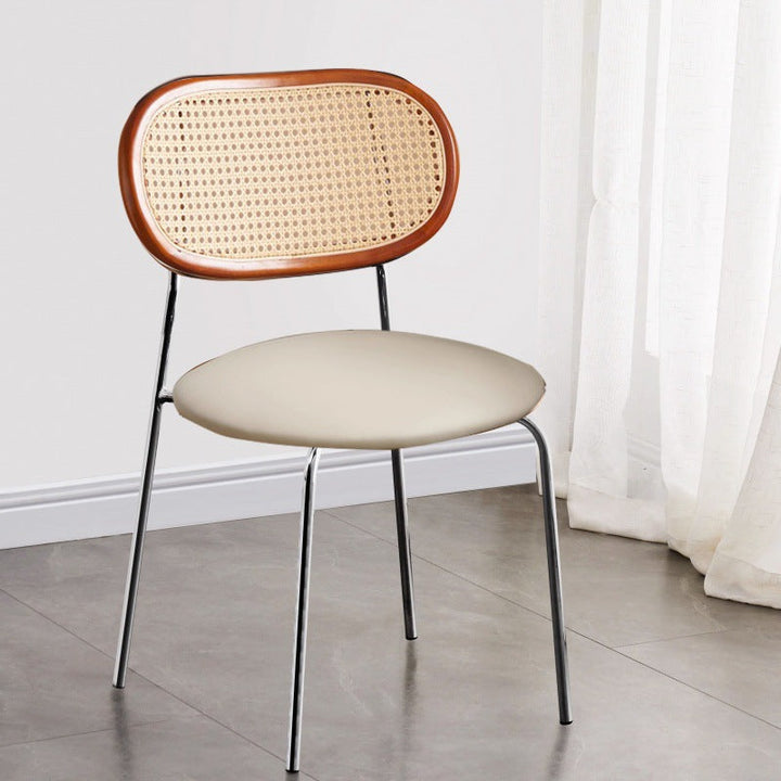 Contemporary Vintage Round Rectangular Rubberwood Plywood Iron Faux Leather PE Rattan Dining Chair Backrest For Dining Room