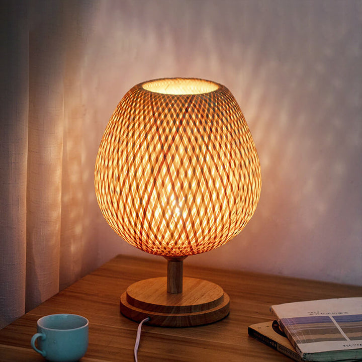Traditional Chinese Moso Bamboo Wood Iron Weaving Oval Round 1-Light Table Lamp For Bedroom