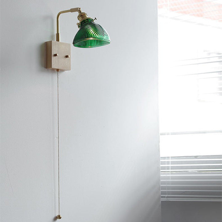 Lampe murale à tirette hémisphérique en bois, laiton, verre et fleur japonaise traditionnelle à 1 lumière pour chevet 