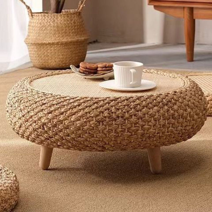 Traditional Japanese Oval Narcissus Rattan Poplar Wood Coffee Table Storage For Living Room