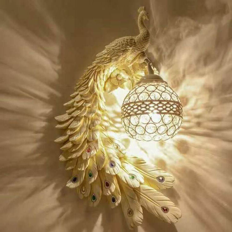 Vintage Ornate Resin Long Tail Peacock Crystal Ball Shade 1-Light Wall Sconce Lamp