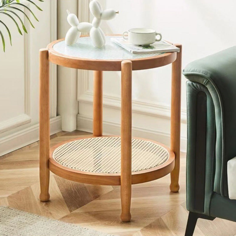 Modern Minimalist Round Horizontal Strip Glass Plastic Rattan Rubberwood Coffee Table 2-Tier For Living Room