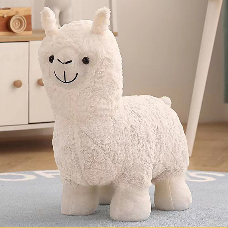 Moderner kreativer Fußhocker mit Rückenlehne im Alpaka-Design aus Teddyfleece für das Wohnzimmer 