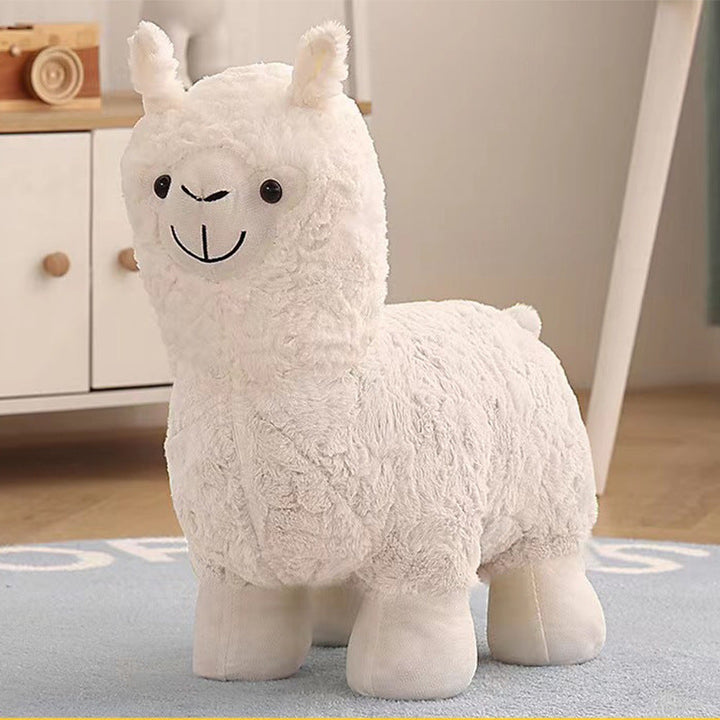 Moderner kreativer Fußhocker mit Rückenlehne im Alpaka-Design aus Teddyfleece für das Wohnzimmer 
