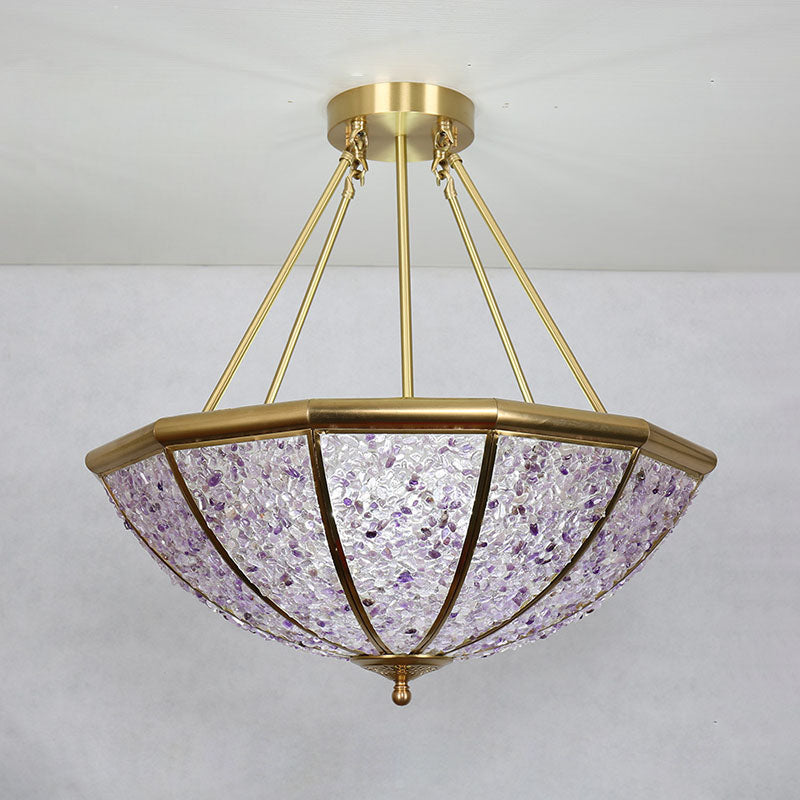 Lustre moderne de luxe avec cadre en cuivre et abat-jour rond en cristal à 5 lumières pour salon 