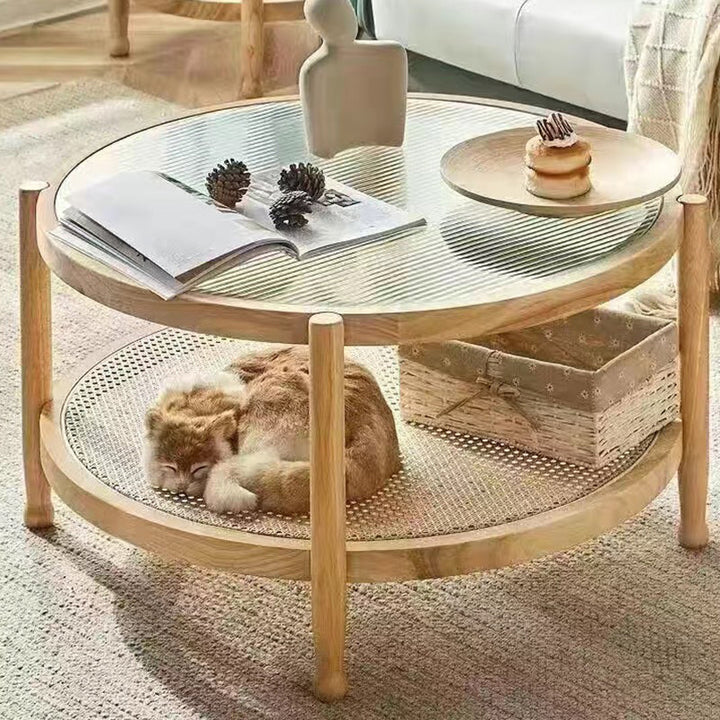 Table basse ronde minimaliste moderne en hévéa avec plateau en verre et faux rotin, à 2 niveaux, pour salon 