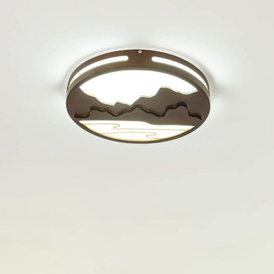 Modern Chinese Wooden Round Mountain Design LED Flush Mount Ceiling Light