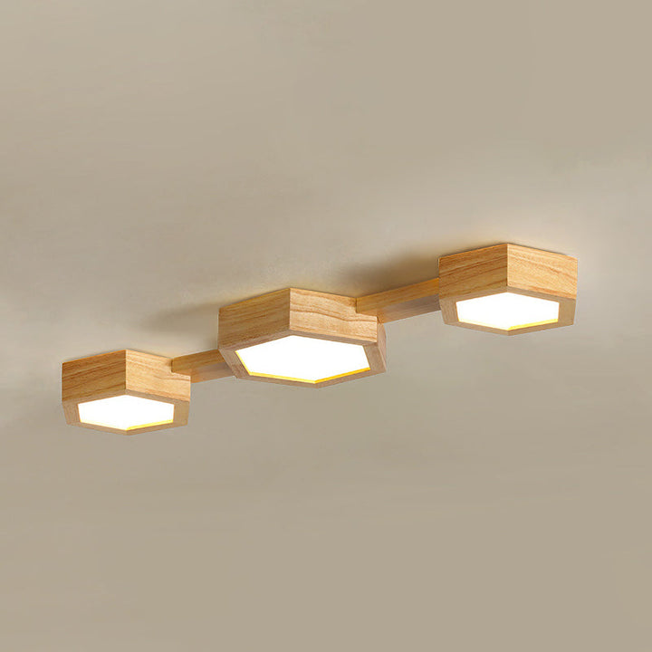 Plafonnier à montage affleurant LED en acrylique et bois hexagonal traditionnel japonais pour salon 