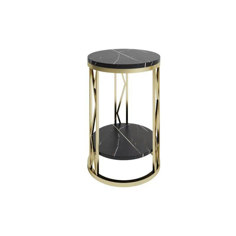 Mesa de Centro Moderna de Lujo Redonda con Tapa de Hierro y Estante de Roca para Sala de Estar 