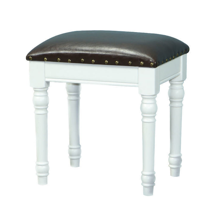 Tabouret de coiffeuse sans dossier ni accoudoirs en bois massif, cuir synthétique et lin carré scandinave contemporain pour chambre 