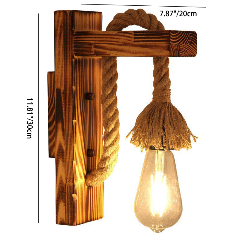 Lámpara de Aplique de Pared de 1 Luz con Colgante Cúbico de Vidrio de Hierro con Cuerda de Cáñamo de Madera Industrial Contemporánea para Pasillo 