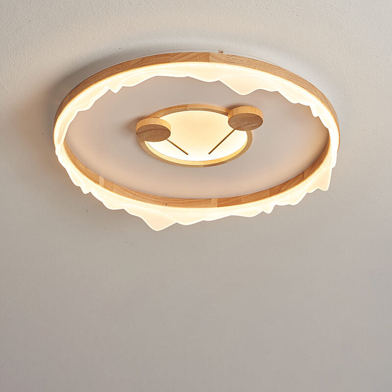 Traditional Japanese Cartoon Round Iron Wood Acrylic LED Flush Mount Ceiling Light For Living Room