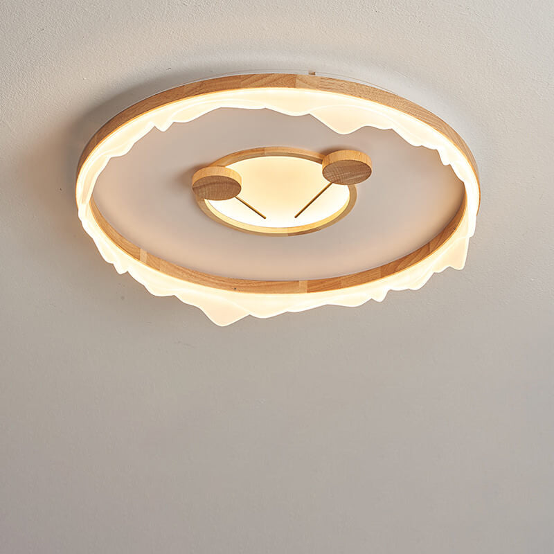 Japanese Cartoon Round Solid Wood Acrylic LED Flush Mount Ceiling Light