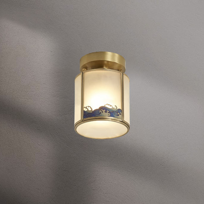 Traditionelle chinesische Messing-Glaszylinder-Deckenleuchte mit 1 Licht, halbbündige Montage für Wohnzimmer 
