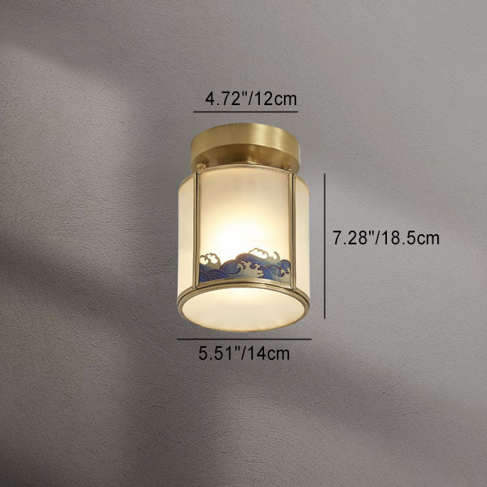 Traditionelle chinesische Messing-Glaszylinder-Deckenleuchte mit 1 Licht, halbbündige Montage für Wohnzimmer 