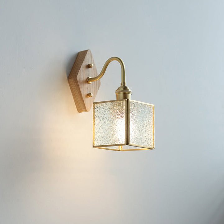 Applique Murale Traditionnelle Vintage Carrée en Verre de Cuivre et Bois à 1 Lumière pour Chambre 