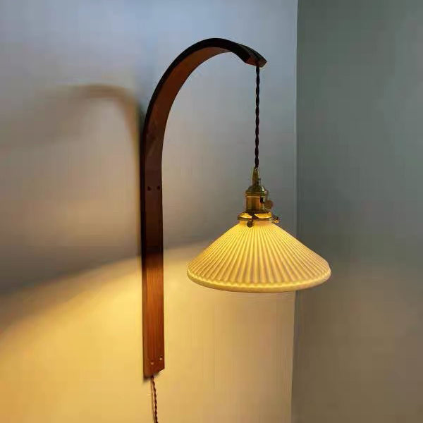 Applique murale 1 lumière avec abat-jour rond en céramique japonaise traditionnelle et poteau courbé en bois pour salon 