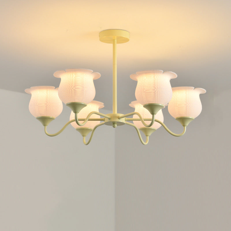 Moderner Art-Deco-Kronleuchter mit Eisenrahmen und PLA-Glocken-Orchideen-Blumenschirm, 3/5/6 Lichter, für Wohnzimmer 